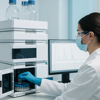 Scientist loading samples into a chromatography column in a cleanroom