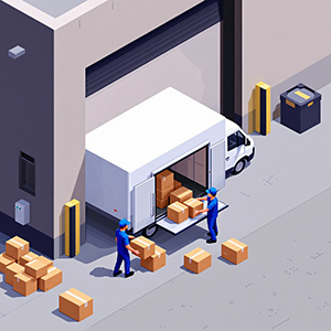 Truck delivering temperature-controlled pharmaceuticals at a distribution hub