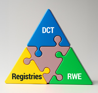Graphic depicting real world evidence, registry data, and decentralized trials enabling next-gen innovation