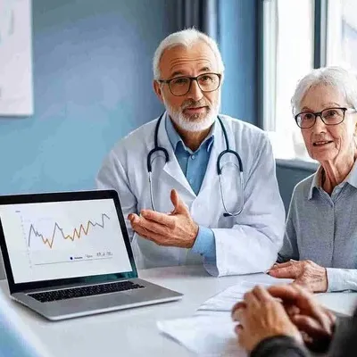 Doctor explaining treatment options to a patient using digital tools.