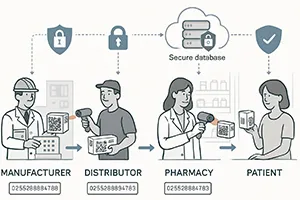 Track-and-trace system diagram showing supply chain