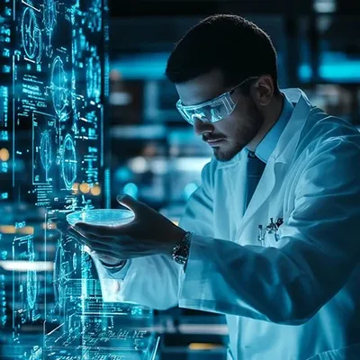 Futuristic pharmaceutical marketing strategy with data and technology symbols