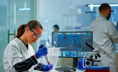 Small biotech team reviewing clinical trial data on computer screens