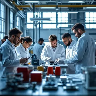 Lab technicians analyzing pharmaceutical samples in a modern quality control laboratory.