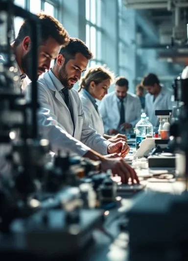 Modern pharmaceutical QC lab with cleanroom environment and lab personnel.
