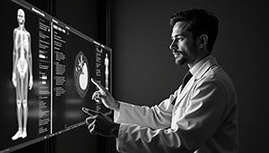 Close-up of a doctor reviewing a patient's genomic data with AI insights.