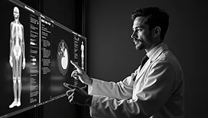Close-up of a doctor reviewing a patient's genomic data with AI insights.