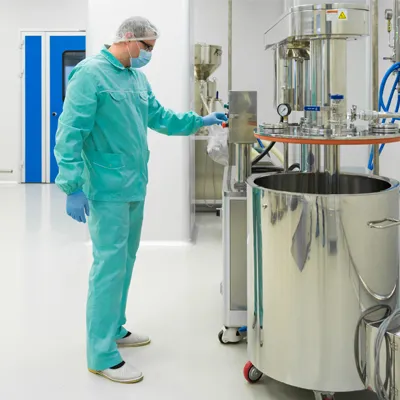 A sterile pharmaceutical production environment with cleanroom personnel