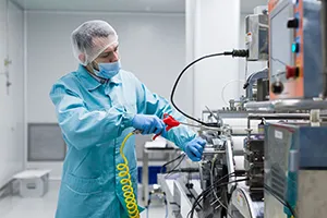 Lab technician in cleanroom suit working with sterile vials